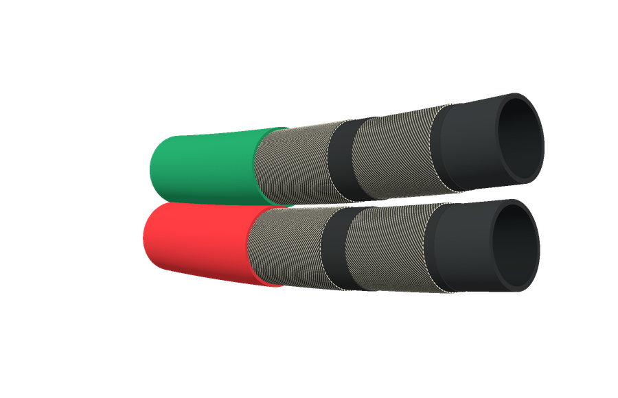 Corte por capas de manguera bitubo para oxígeno y acetileno: dos conductos unidos, verde y rojo, con refuerzos propios y tubos negros separados. Fibras visibles en el espesor de la boca.